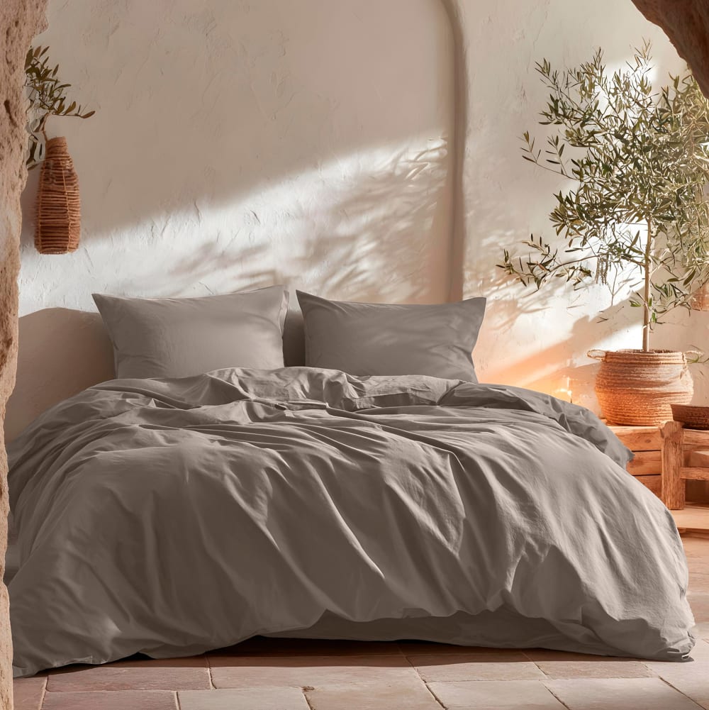 Housse de couette uni 100% coton gris 240x220 cm + 2 taie oreiller