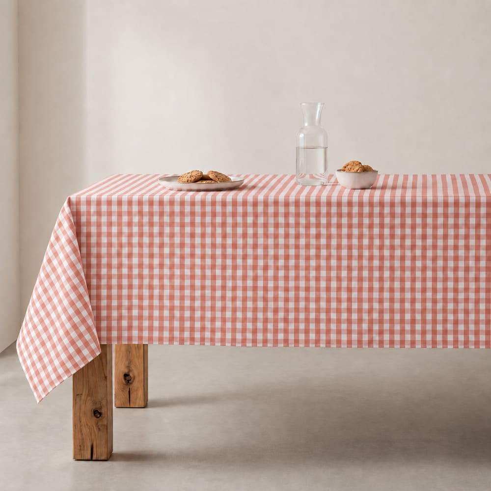 Nappe en coton antitache tissu à carreaux saumon 140x140 cm