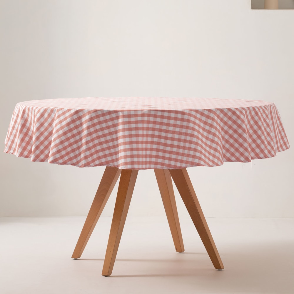 Nappe ronde en coton antitache tissu à carreaux saumon 160x160cm