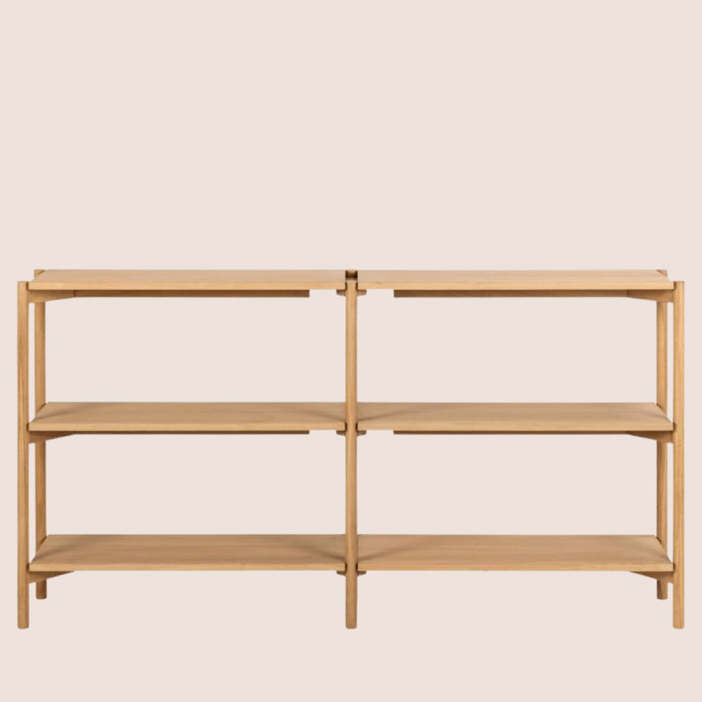 Bibliothèque basse scandinave en chêne clair 4 tablettes