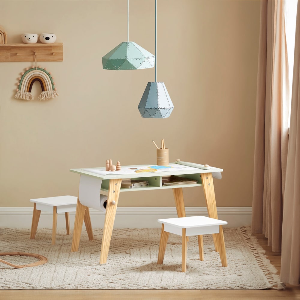 Kindertisch mit 2 Stühlen aus MDF und Kiefer Weiß-Grün - Maisons