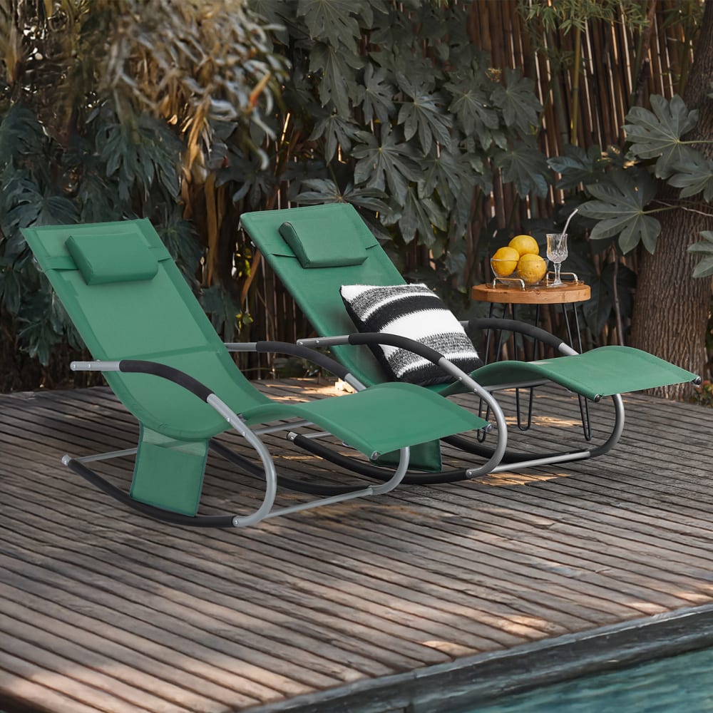 Lot de 2 chaises longues avec appui-tête et pochette latérale en vert