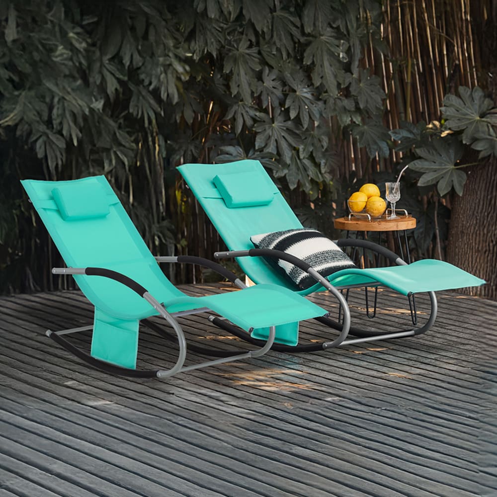 Lot de 2 chaises longues avec appui-tête et pochette latérale en bleu