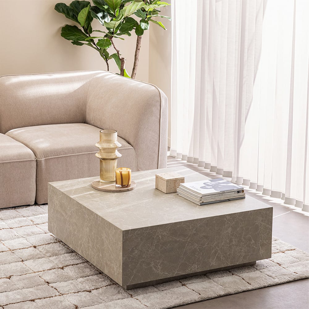 Table basse carrée effet marbre 90x90cm - Grège