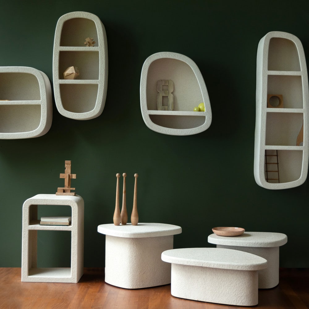 Table de chevet 2 niches finition marbre recyclé - Ecru