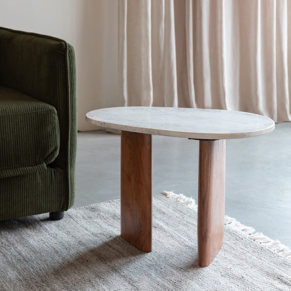 Table d'appoint organique en marbre bois 37x56cm - Bois foncé et blanc