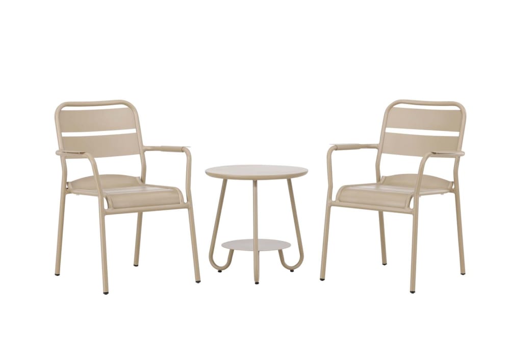 Set de 2 chaises + table d'appoint en métal beige