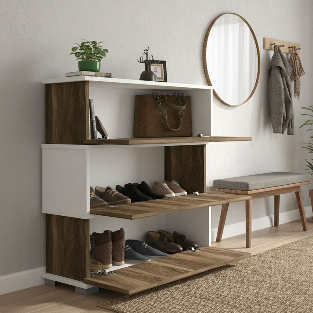 Schuhregal in weißer Holzoptik, Walnuss 90x30h93 cm - Maisons Du