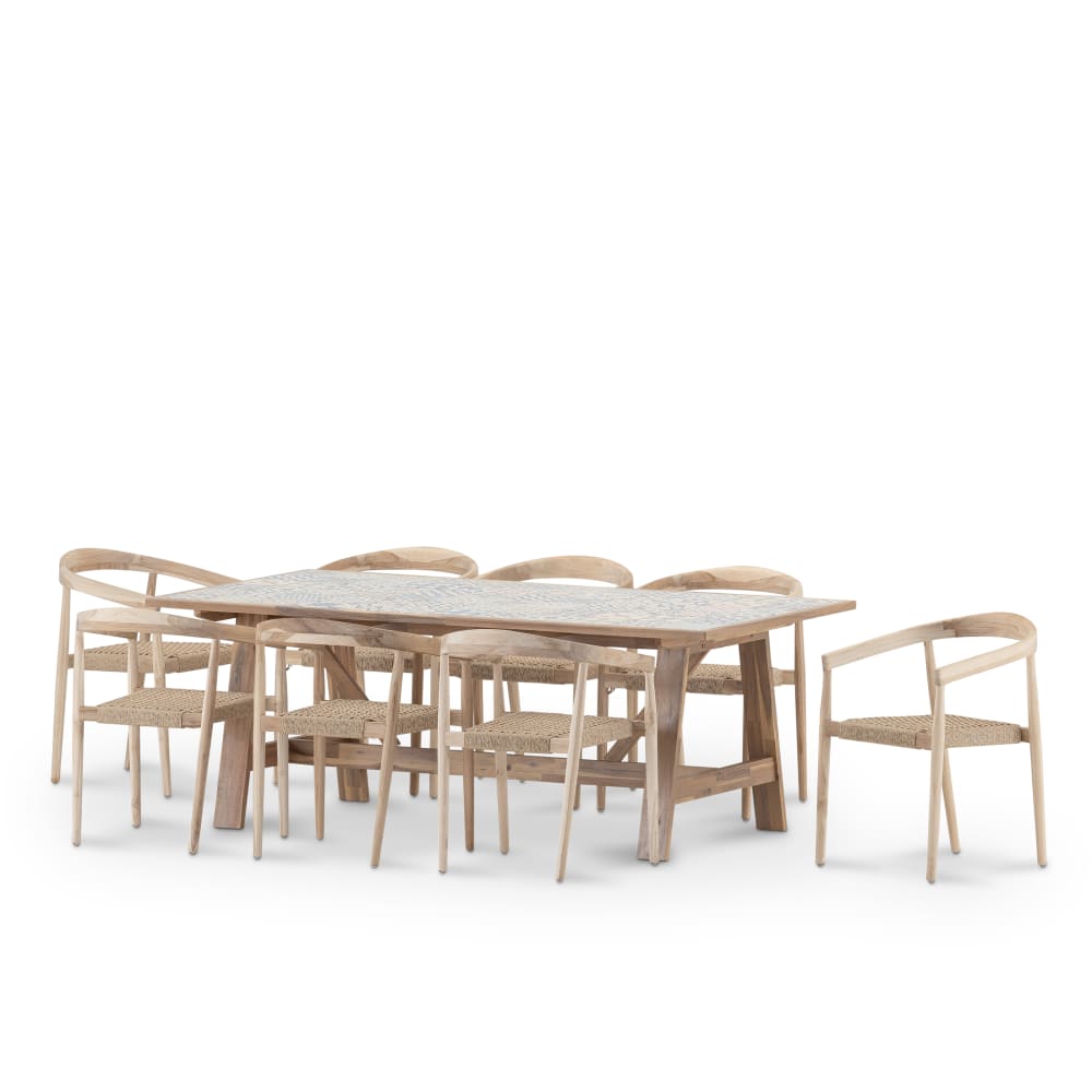 Set table et 8 chaises avec accoudoirs en bois et ceramique 205x105