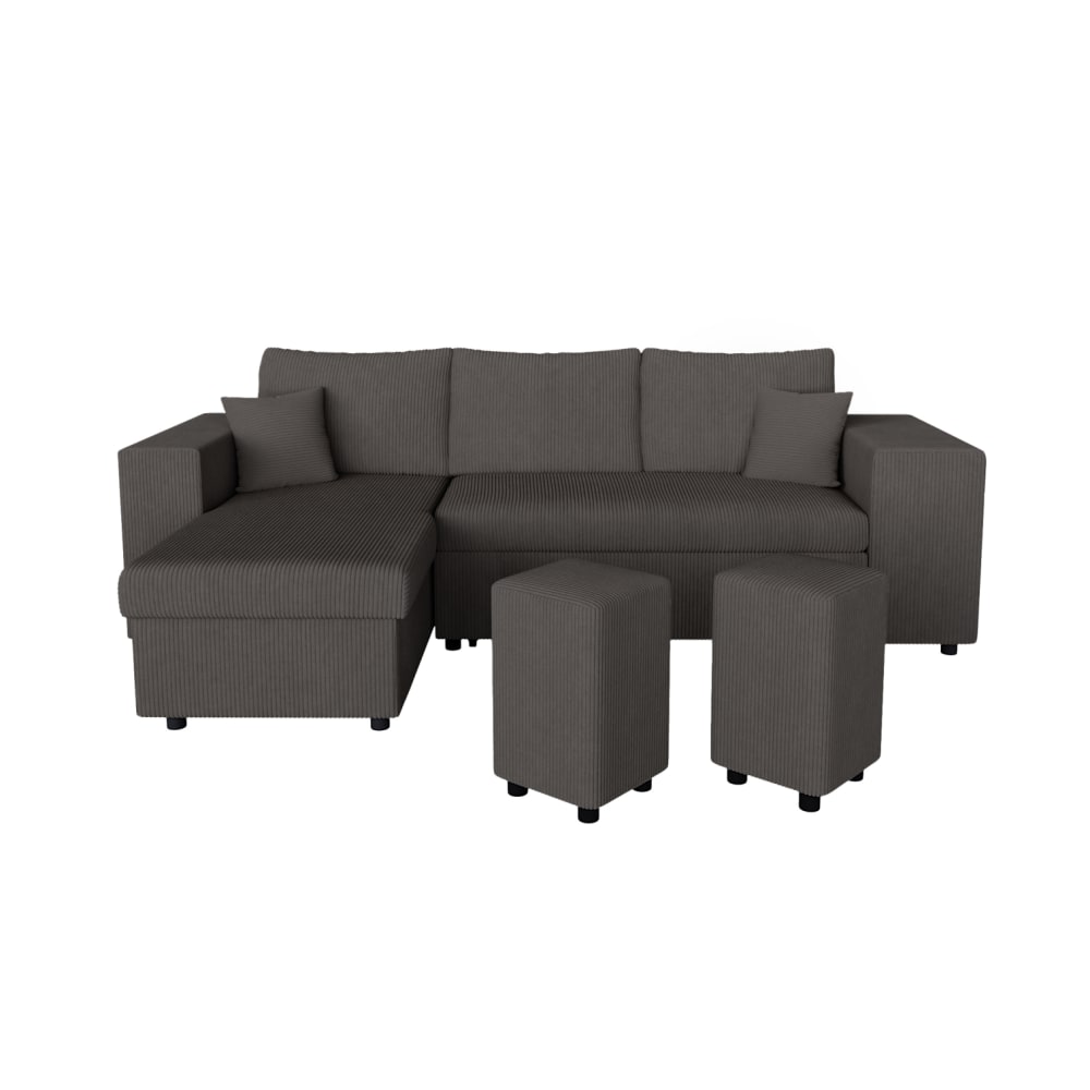 Canapé convertible 2 poufs droit et étagère en velours côtelé - Gris