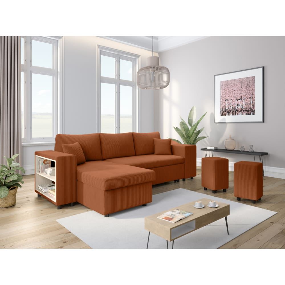 Canapé convertible 2 poufs droit et étagère velours côtelé Terracotta