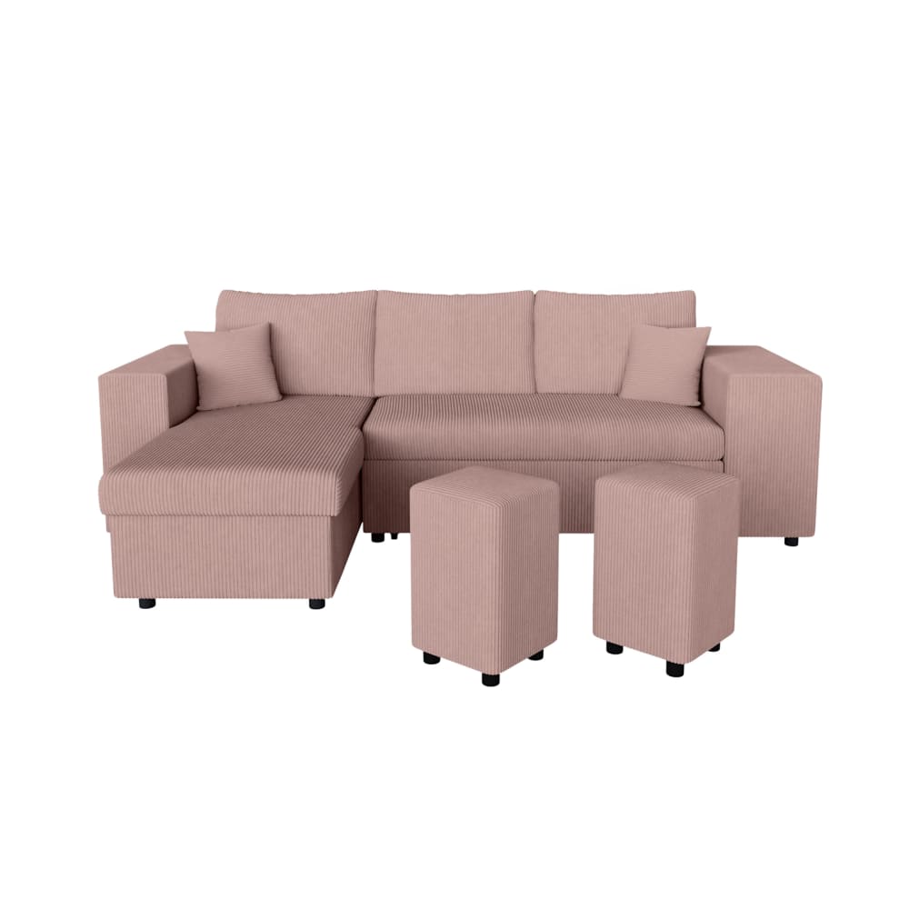Canapé convertible 2 poufs droit et étagère en velours côtelé - Rose