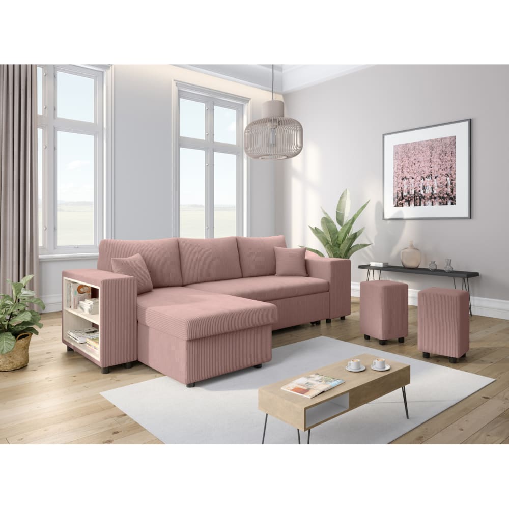 Canapé convertible 2 poufs droit et étagère en velours côtelé - Rose