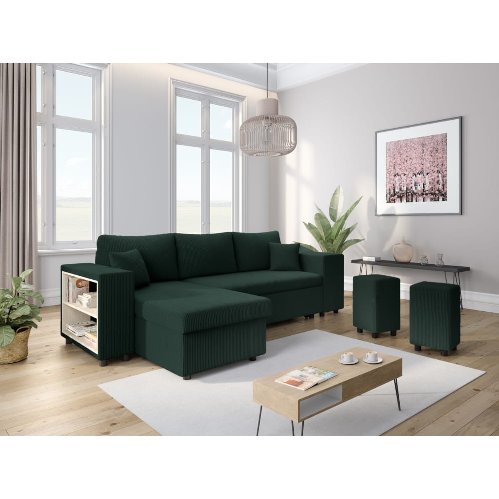 Canapé convertible 2 poufs droit et étagère en velours côtelé - vert - Maisons du Monde