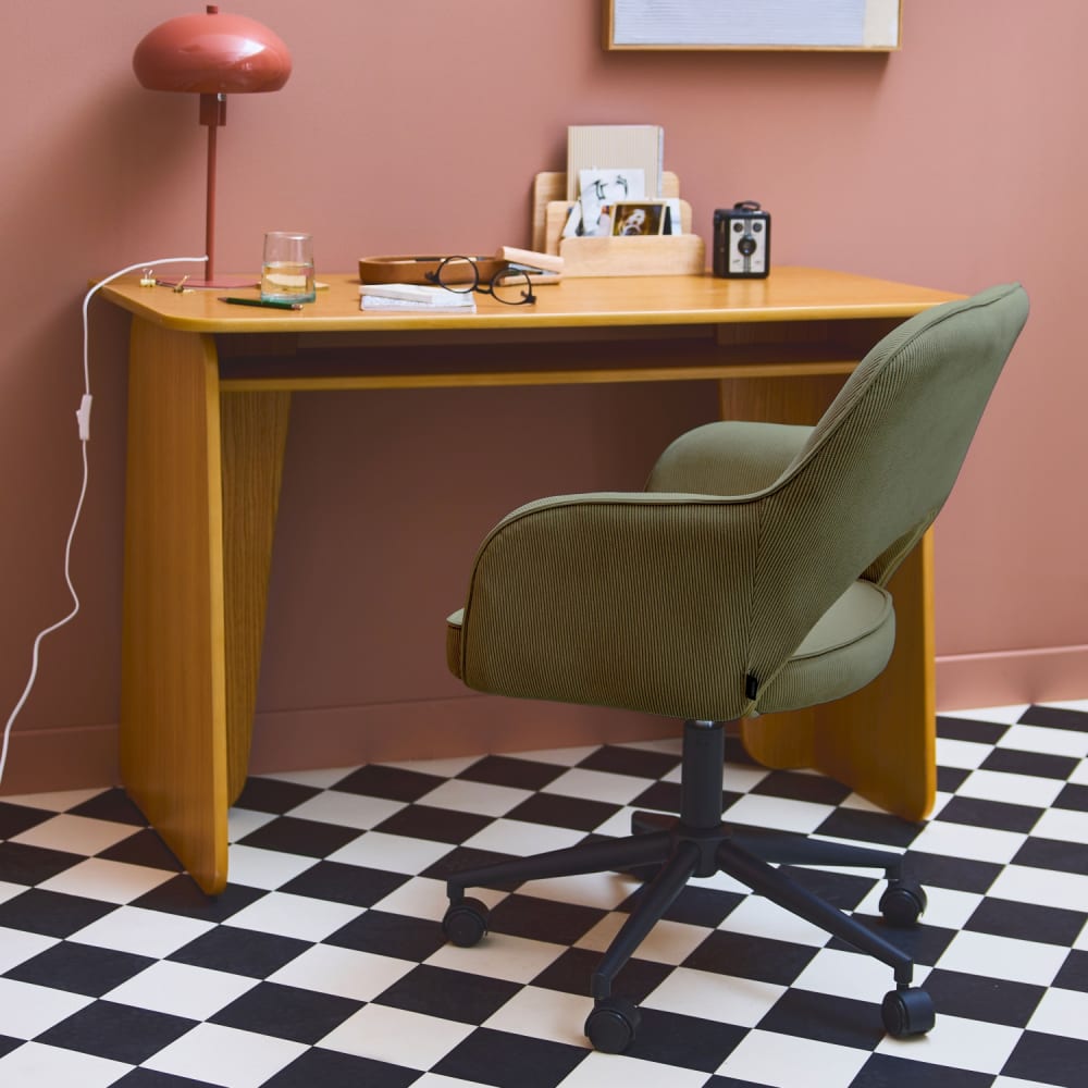 sweeek Bürostuhl mit 5 Rollen khaki Cordbezug Gestell schwarz style vintage Grün Samt