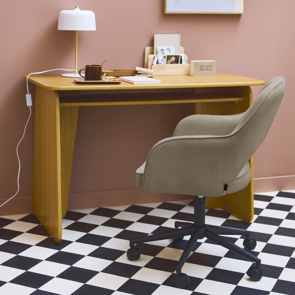 sweeek Bürostuhl mit Rollen beiger Cordbezug schwarzes Gestell style vintage - Samt