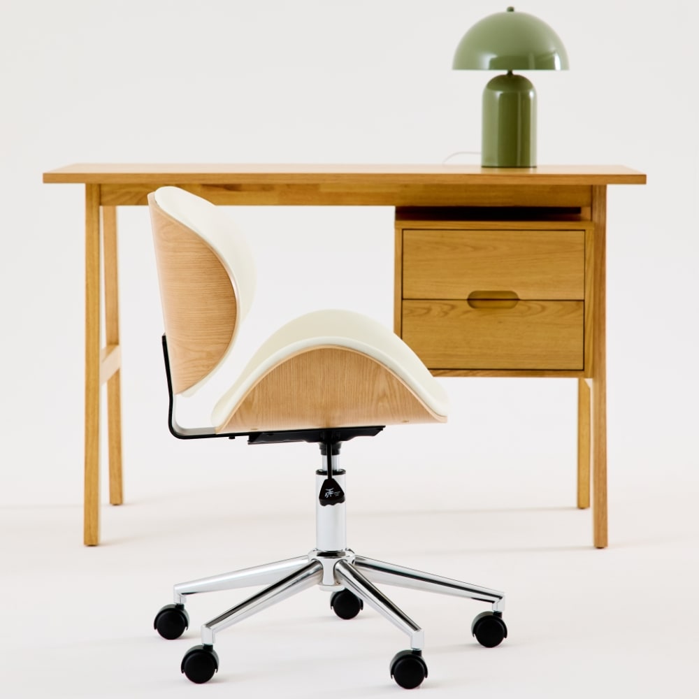 sweeek Weißer Bürostuhl mit Rollen nussbaumfarbenes Furnier style modern Weiß Leder