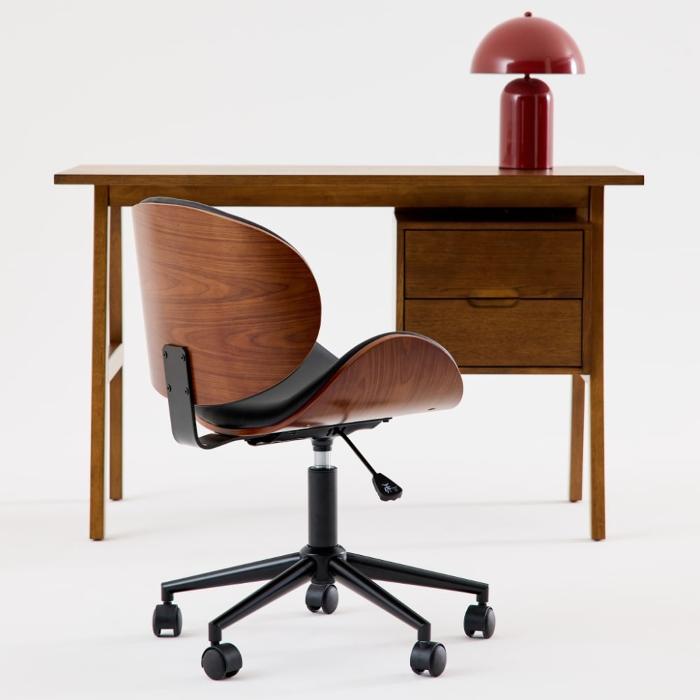 sweeek Schwarzer Bürostuhl mit Rollen nussbaumfarbenes Furnier style modern Schwarz Leder