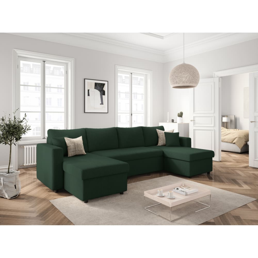 Canapé panoramique convertible 2 coffres en velours côtelé - Vert