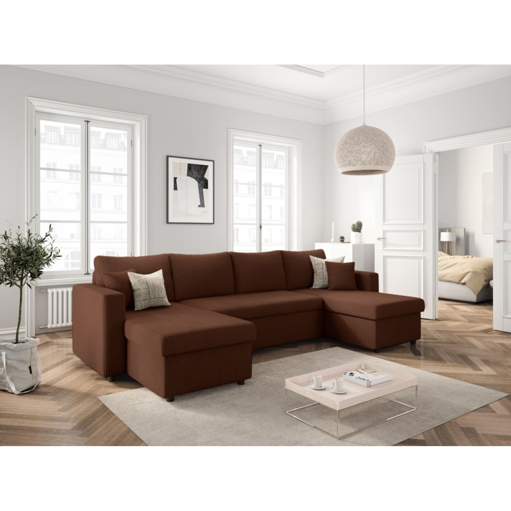 Canapé panoramique convertible 2 coffres en velours côtelé - Marron