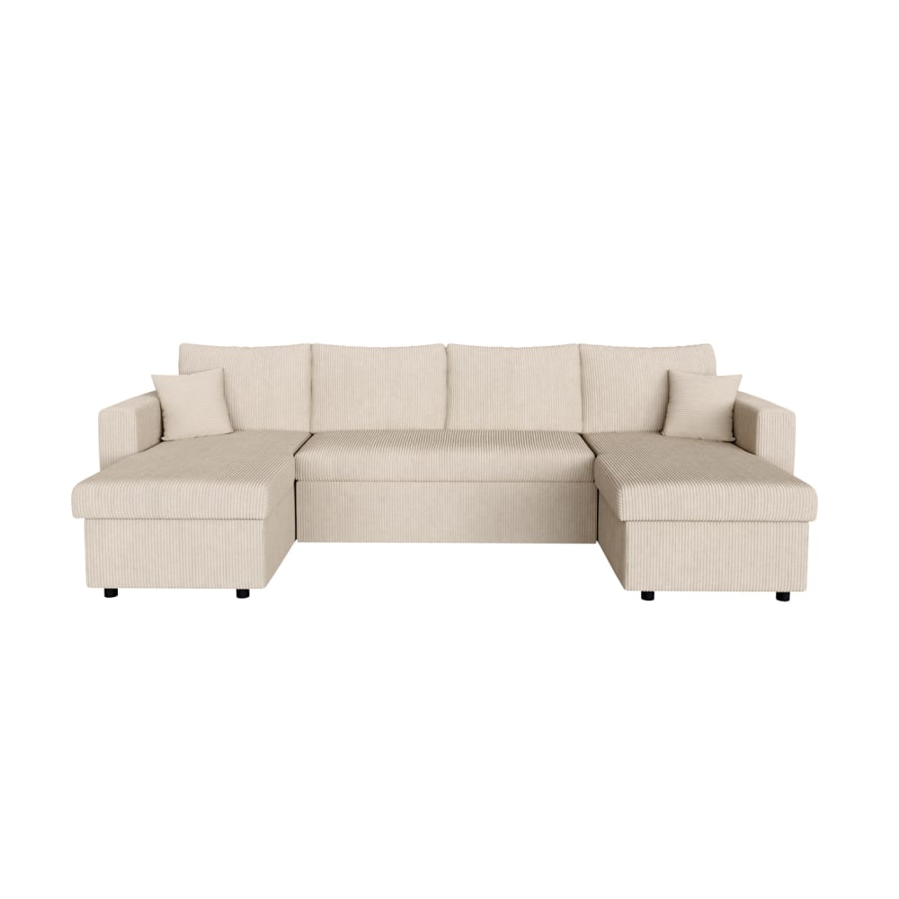 Canapé panoramique convertible 2 coffres en velours côtelé - Beige