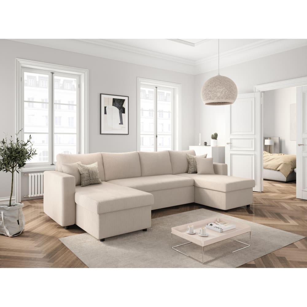 Canapé panoramique convertible 2 coffres en velours côtelé - Beige