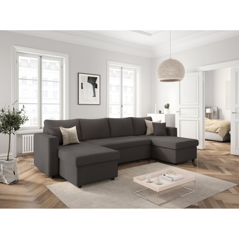 Canapé panoramique convertible 2 coffres en velours côtelé - gris - Maisons du Monde