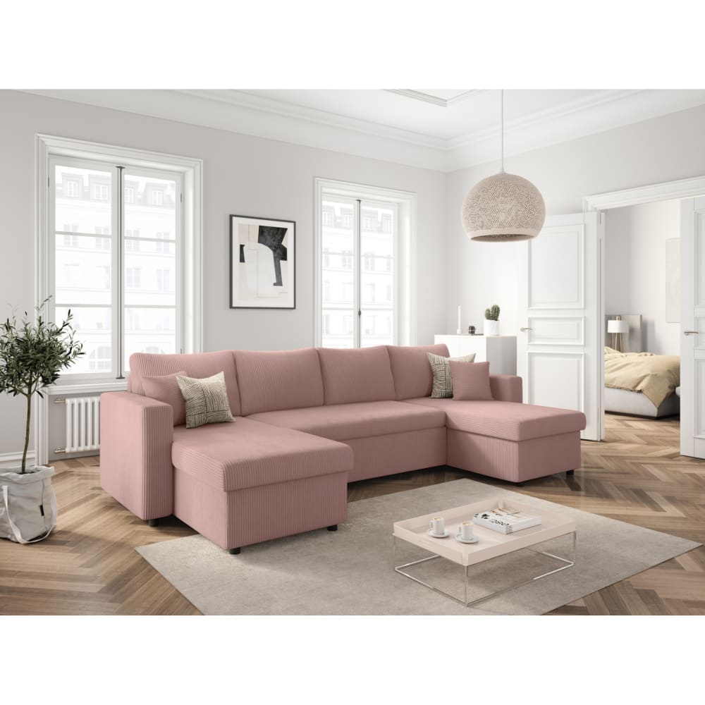 Canapé panoramique convertible 2 coffres en velours côtelé - Rose