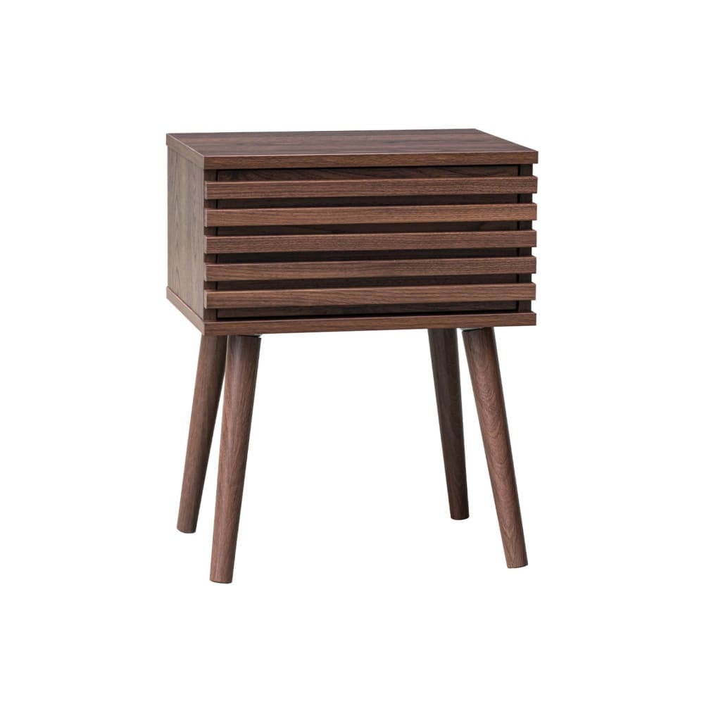 Table de chevet scandinave décor bois rainuré noyer