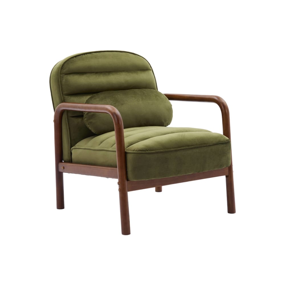Fauteuil bois d'hévéa teinté noyer velours kaki