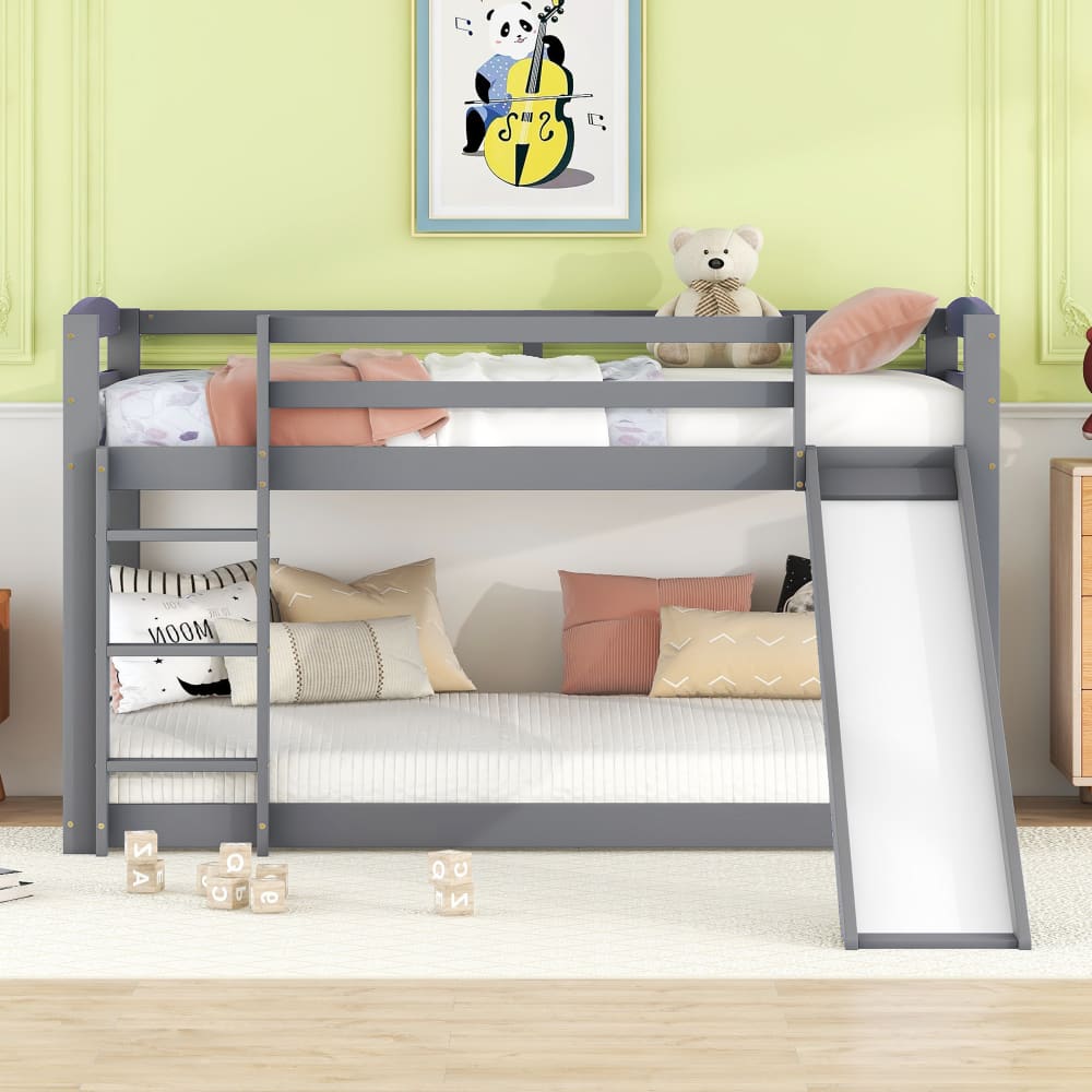 Etagenbett für Kinder mit Rutsche, aus Kiefer, 90 x 200cm, grau -