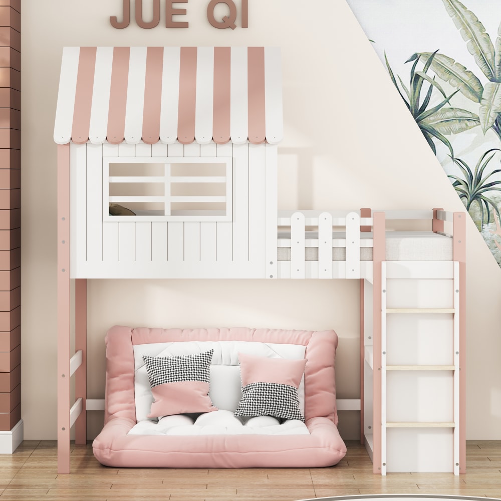 Kinderbett mit Sicherheitsleiter & Ablagefach, 90x200cm, rosa -