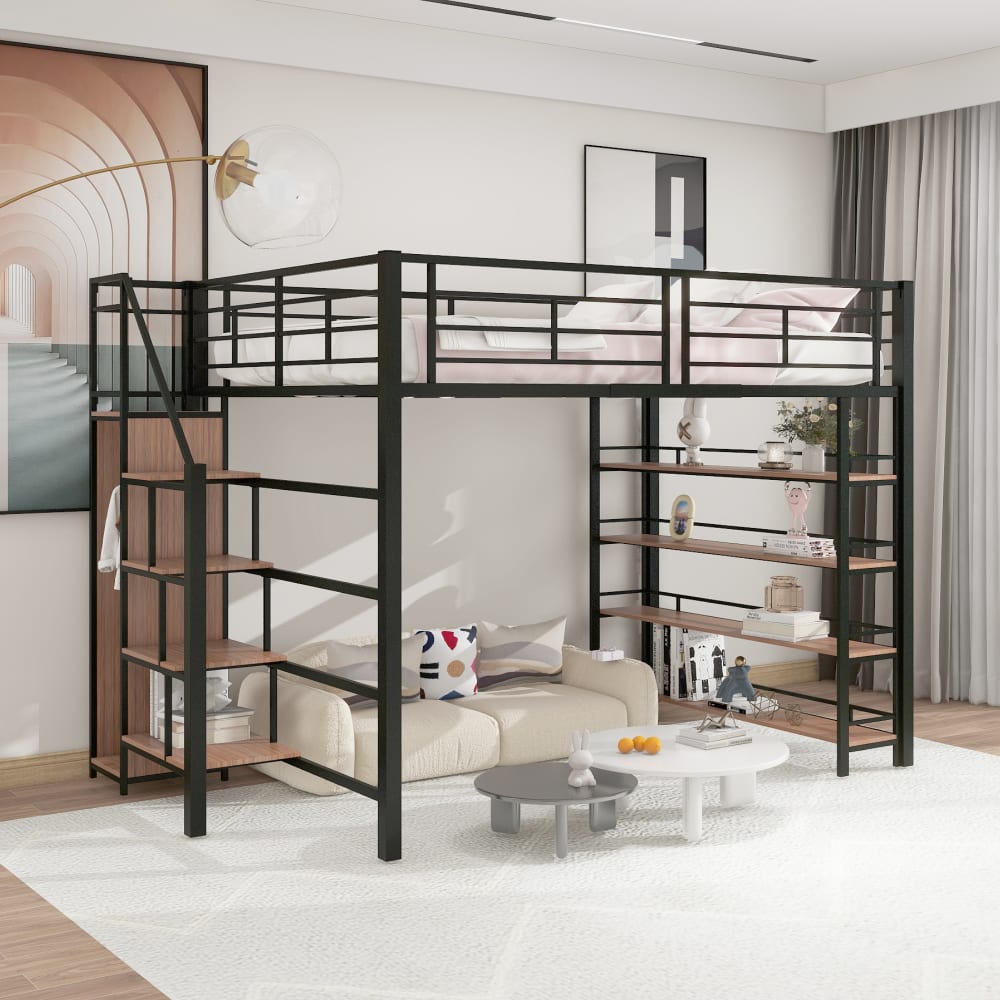 Hochbett mit kleinem Kleiderschrank & Einlegeböden, 140x200cm,