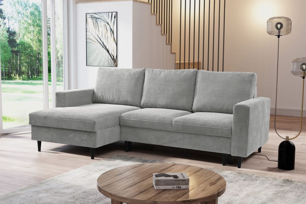Ecksofa mit Schlaffunktion, Cord-Bezug, Hellgrau, linksseitig -
