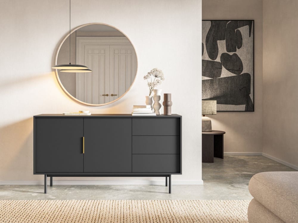 Sideboard 2-türig mit 3 Schubladen, schwarz, 154 cm - Maisons Du