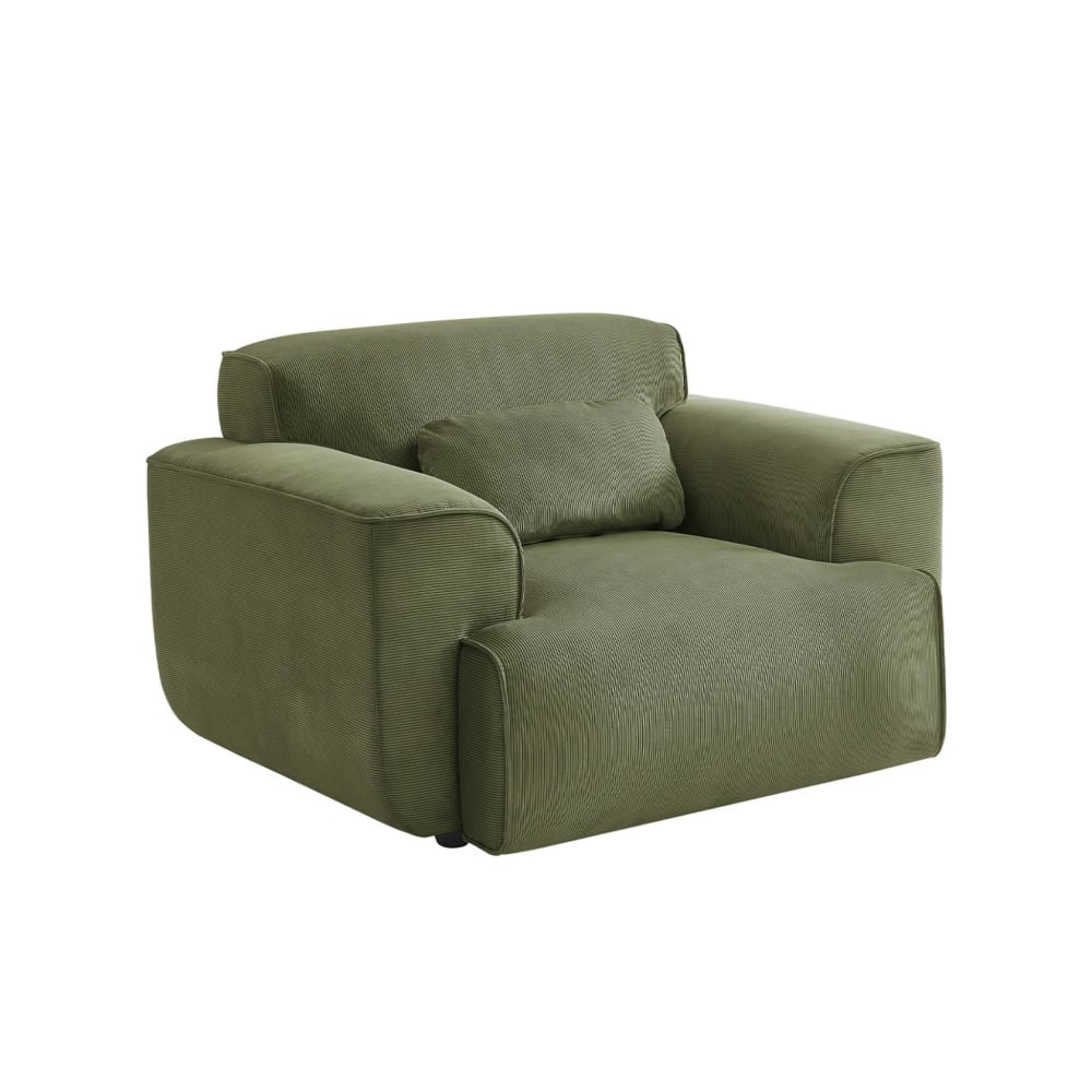 Fauteuil velours côtelé vert, coussin fourni