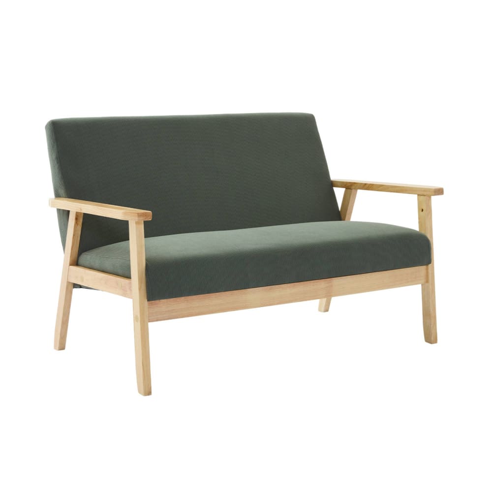 Canapé 2 places velours côtelé kaki, pieds bois