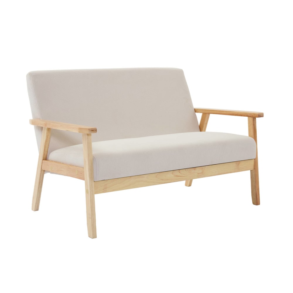 sweeek 2-Sitzer-Sofa Cord-Bezug cremeweiß Holzfüße style modern Braun Holz