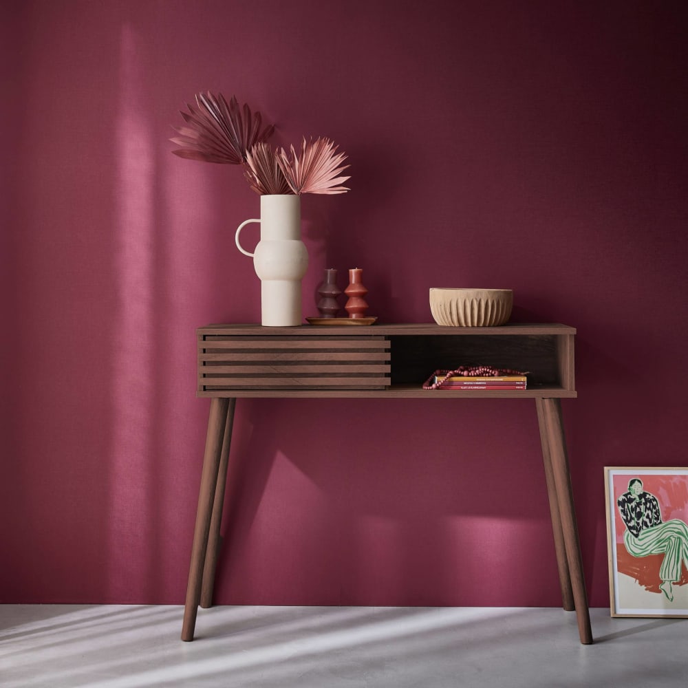 Console décor bois noyer avec porte coulissante