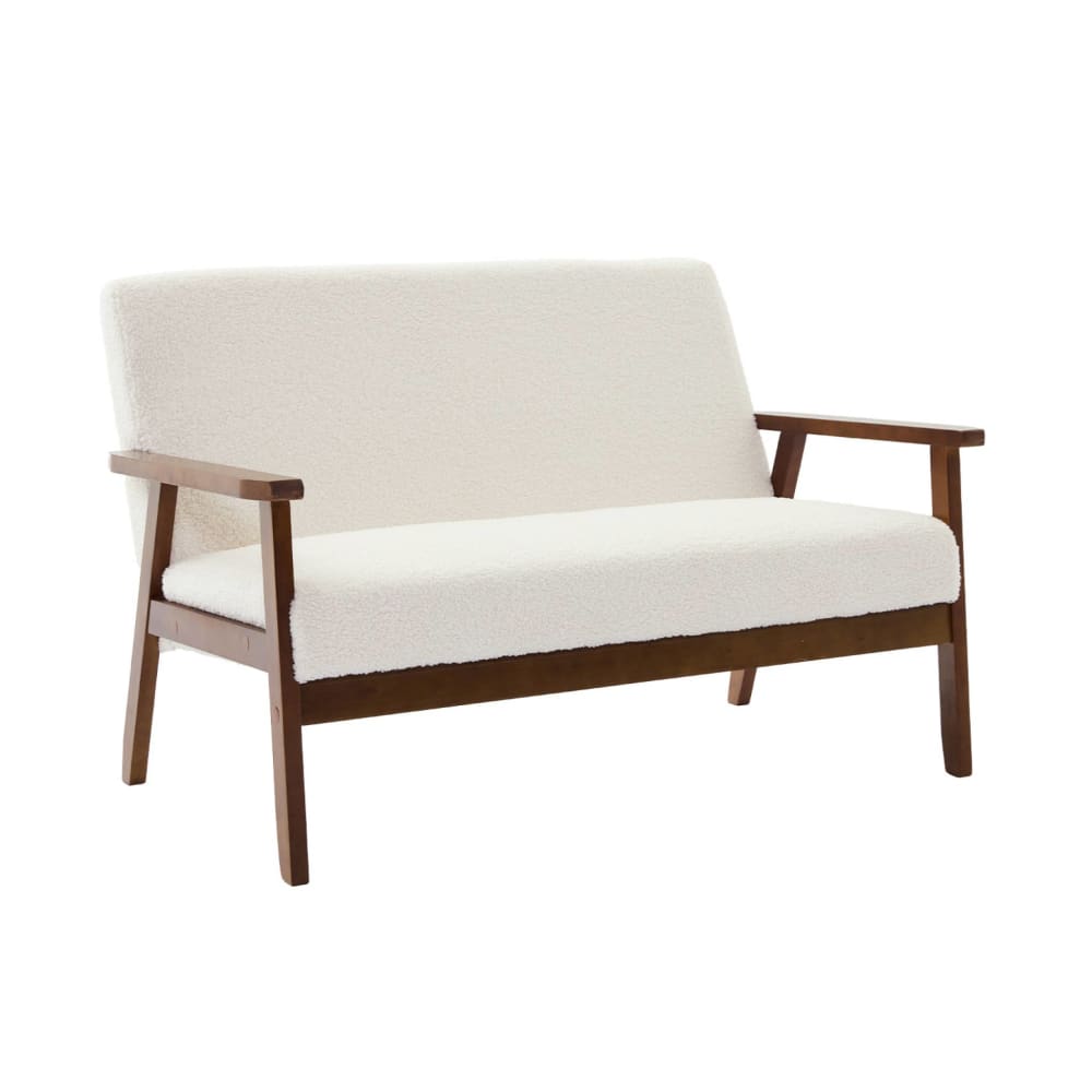 Canapé 2 places tissu bouclette, hévéa noyer clair