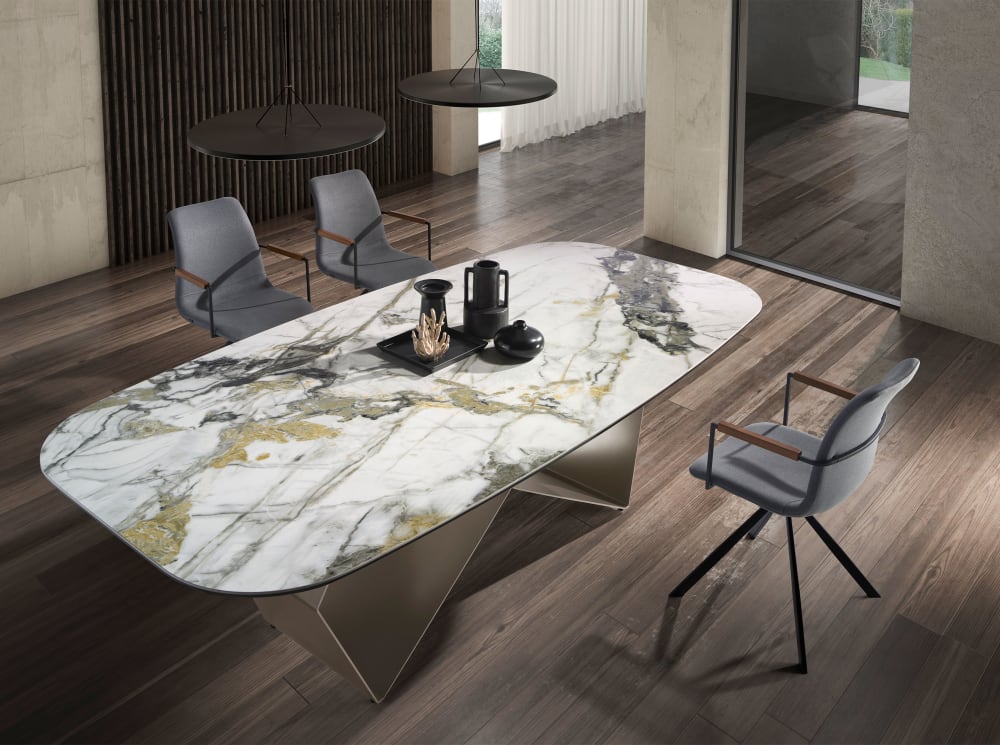 Table à manger rectangulaire en marbre porcelaine et acier champagne - Maisons du Monde