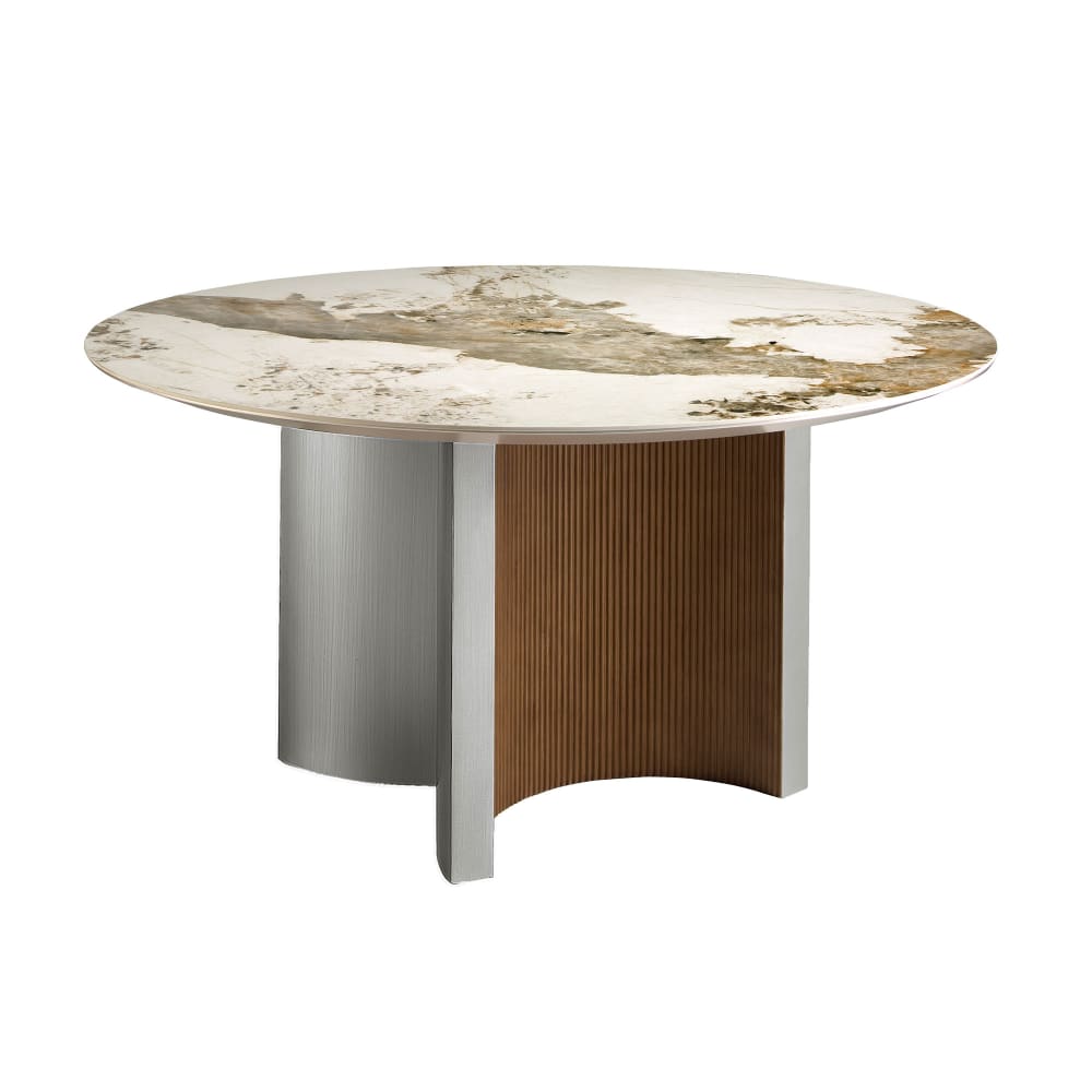 Table à manger ronde en marbre porcelaine, noyer et bois argenté