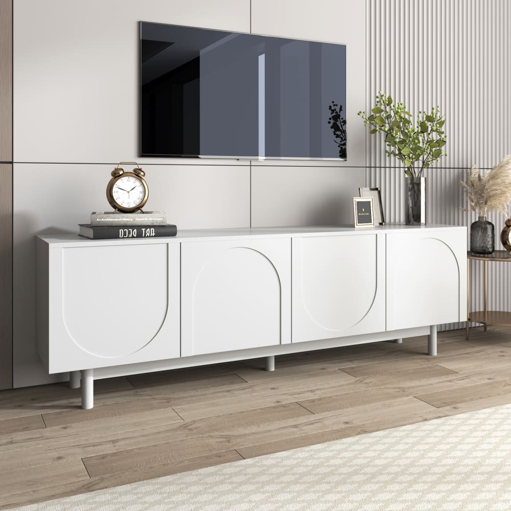 Meuble TV blanc style luxe portes texturées forme de U