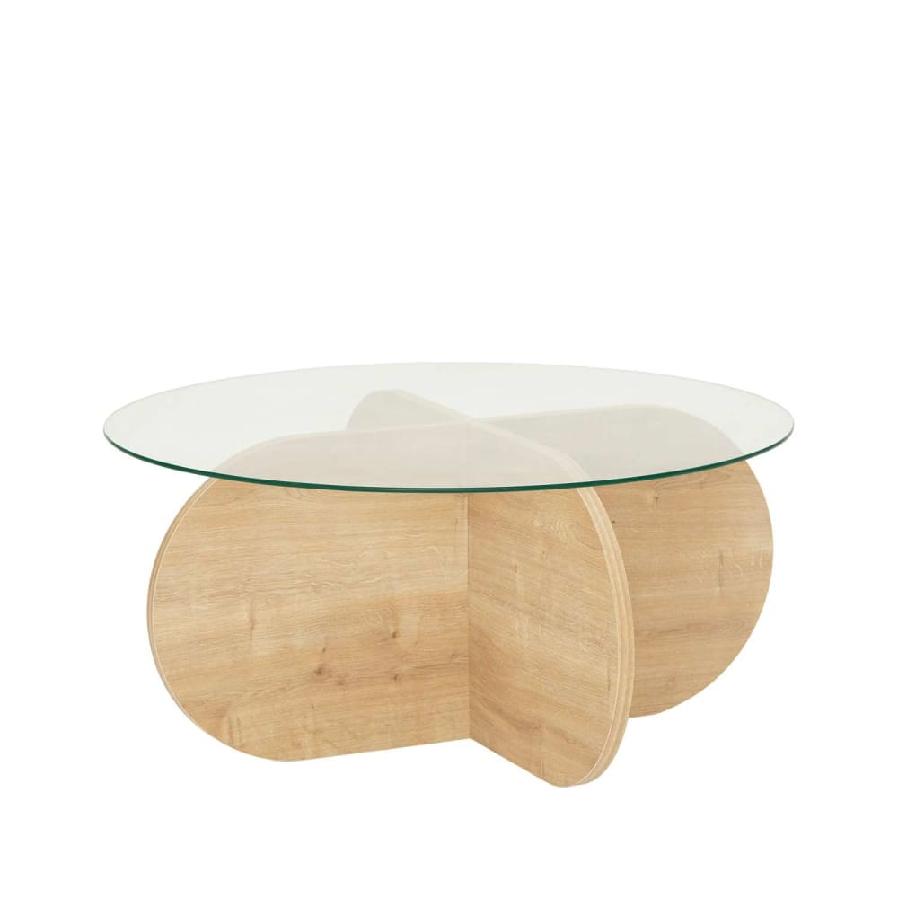 Table basse ronde en verre et effet bois