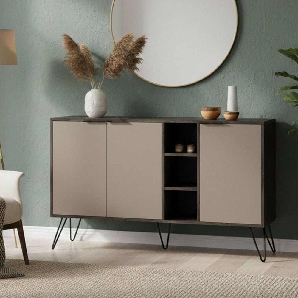 Buffet effet bois anthracite, beige 142x36h83 cm - Maisons du Monde