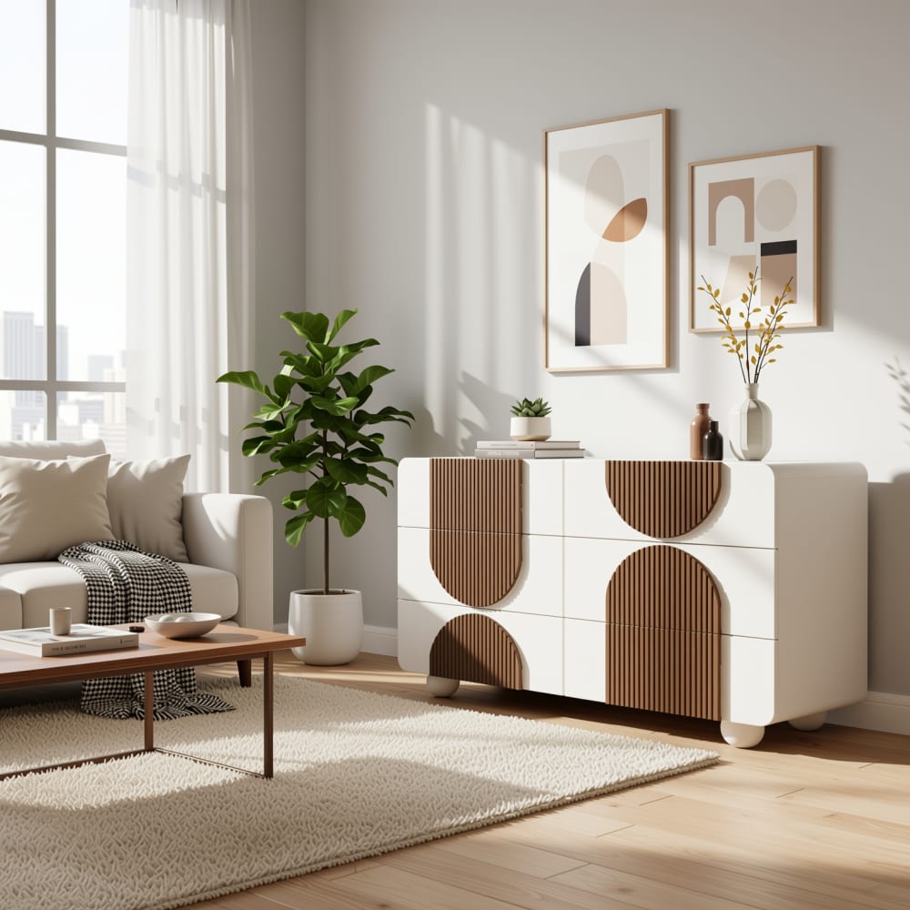 Weiße und hölzerne Designerkommode mit geometrischen Mustern -