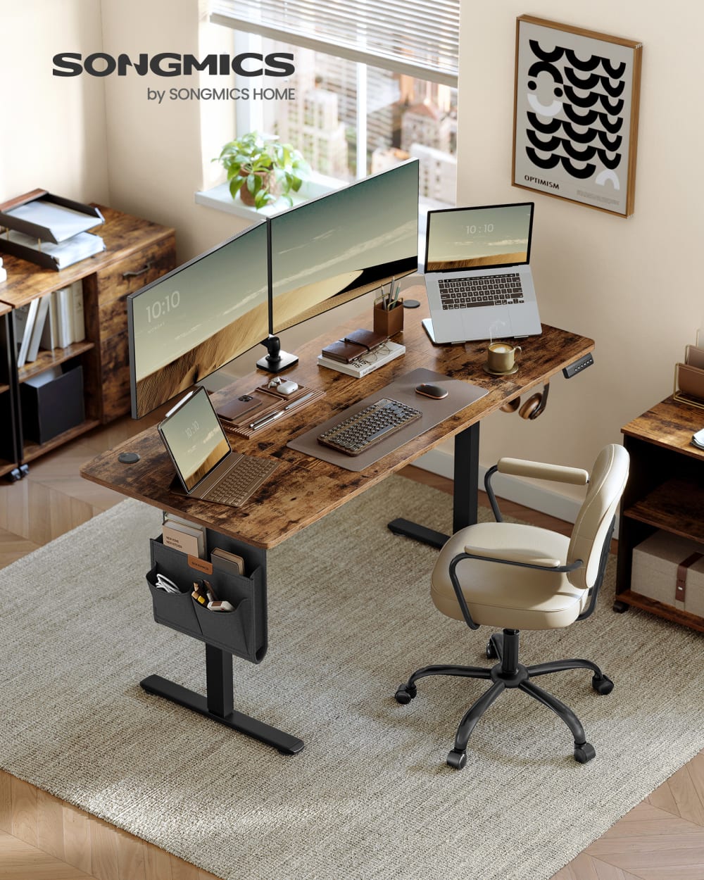 Bureau réglable en hauteur fonction mémoire 160 x 70 cm marron et noir