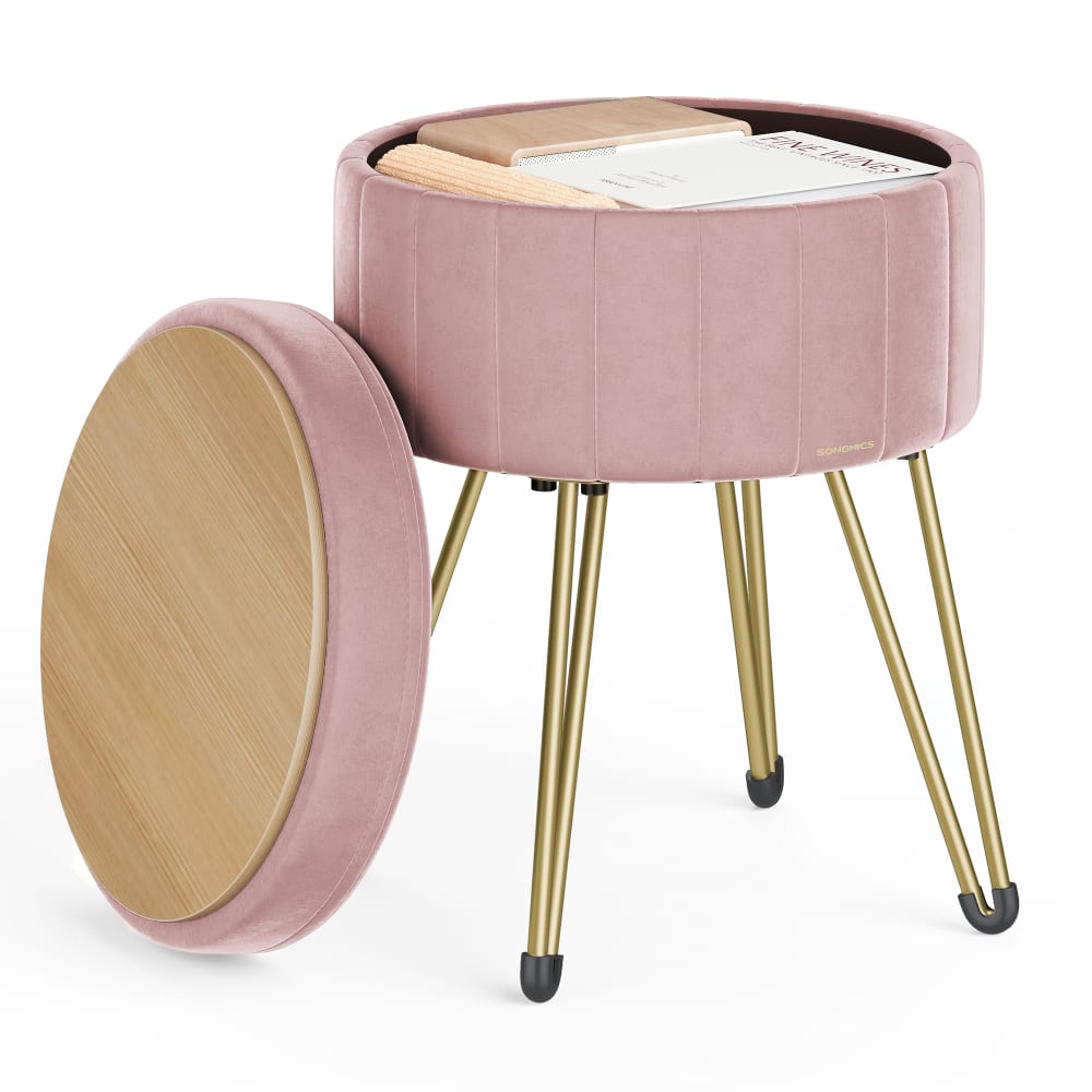 SONGMICS Tabouret de rangement rond en velours 39 cm 44.4 cm rose style contemporain Rose Velours - 39x44x39cm