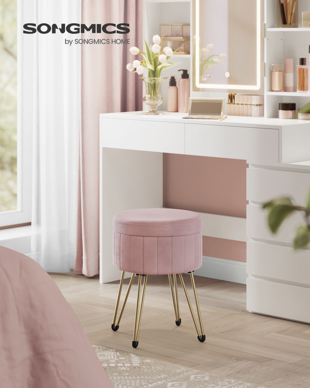 Tabouret de rangement rond en velours 39 cm 44.4 cm rose - Maisons du Monde