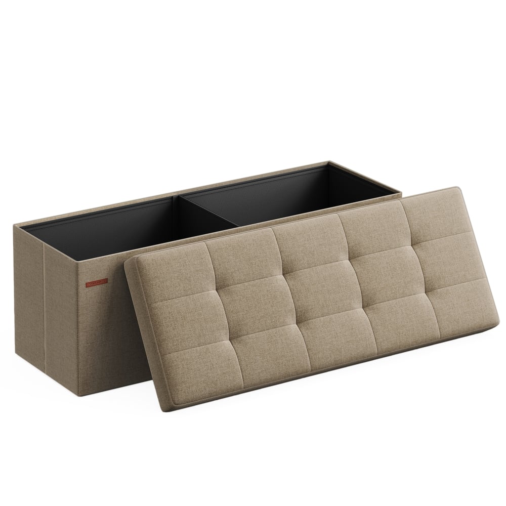 Banc de rangement pliable 110 x 38 x 38 cm tissu façon lin taupe clair
